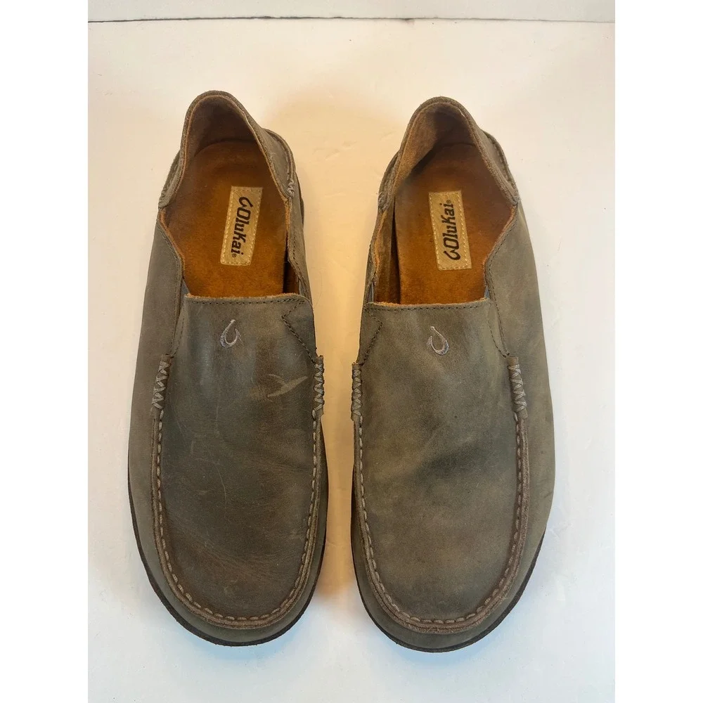 OluKai Moloa Mens Leather Slip On Shoes Dark Gray Green 10128-4T63 Size 11.5